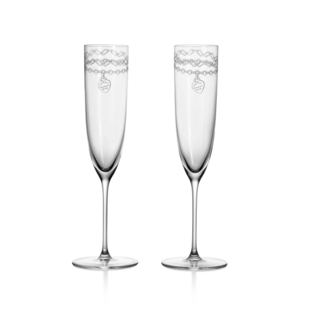 Tiffany & Co. Crystal Champagne Flutes with Engraved Charm Accent - Clear
